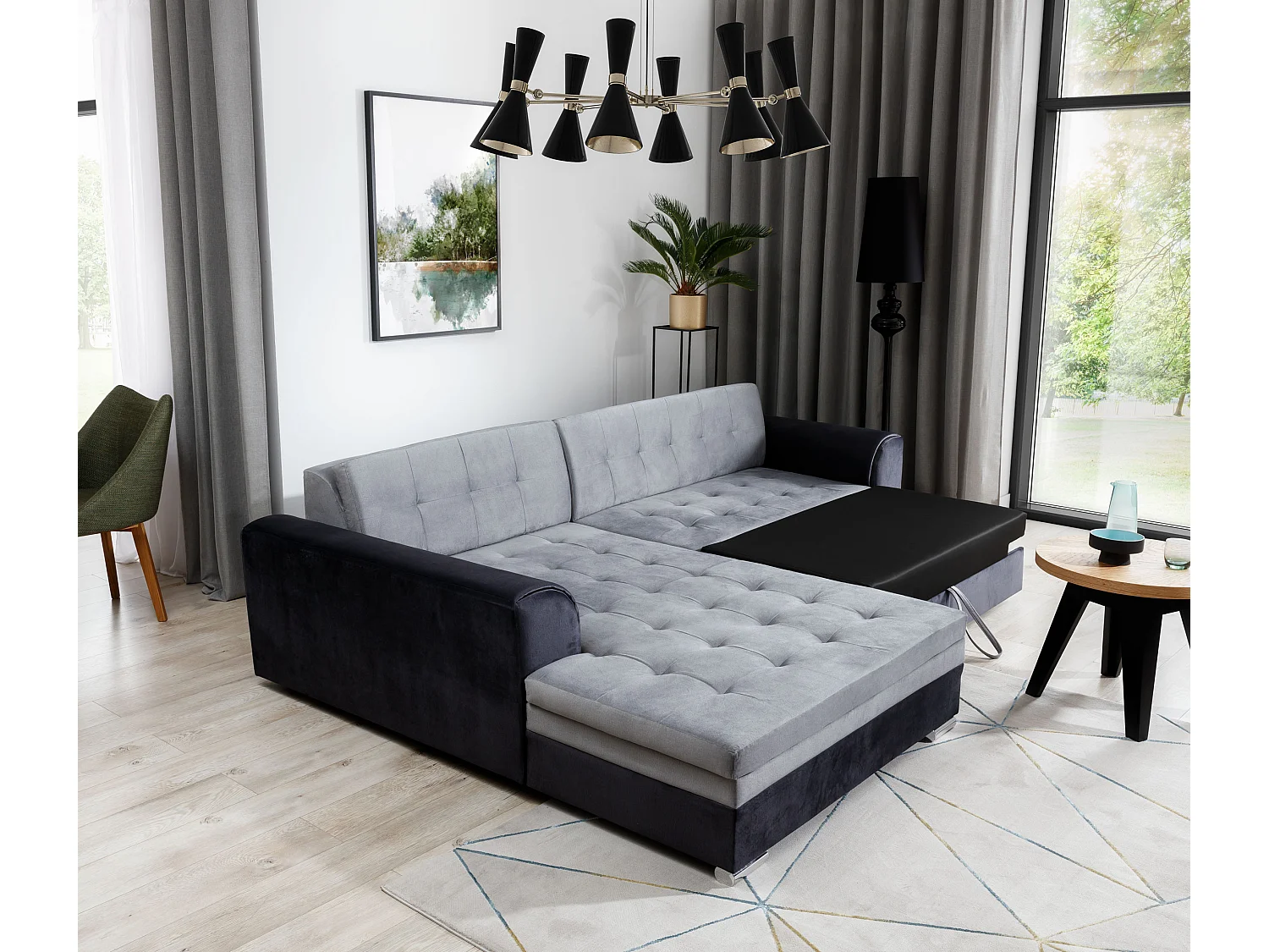 Canapé d'angle droit convertible 4 places tissu marron et beige Looka 295cm