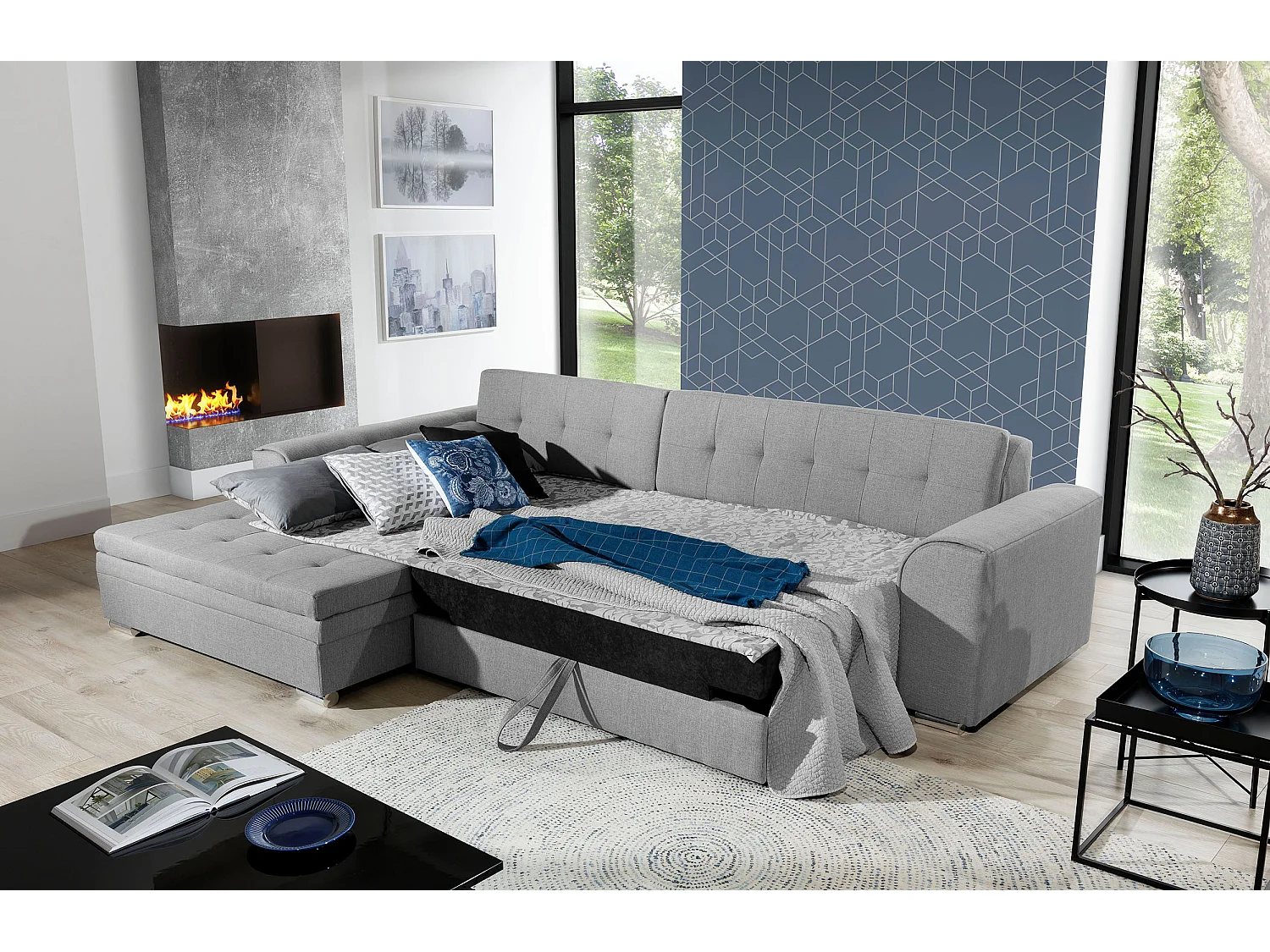 Canapé d'angle droit convertible 4 places tissu marron et beige Looka 295cm