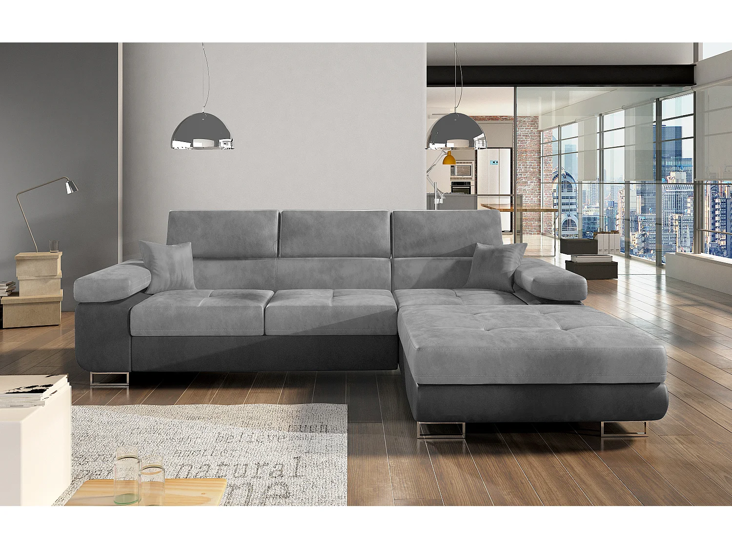 Canapé convertible d'angle droit velours gris clair et gris anthracite avec rangement Wile 280cm