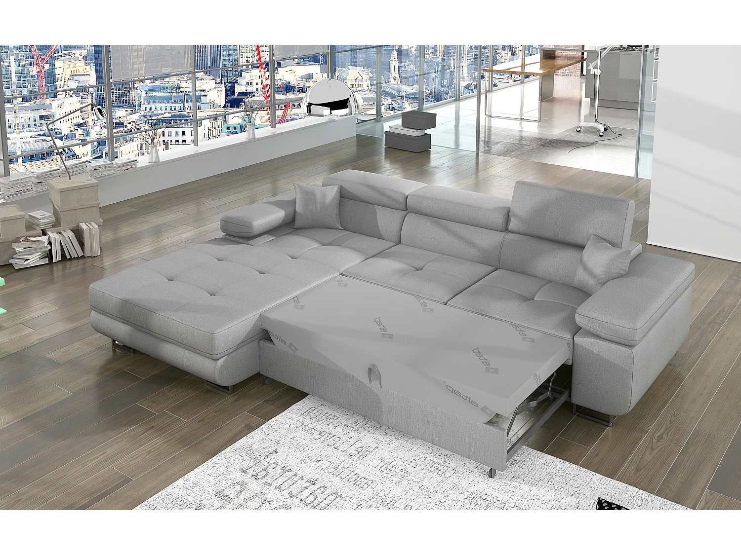 Canapé d'angle convertible velours appuis-tête réglables KALIZO - Coffre et pieds acier chromé-Gris foncé/Gris-angle droit