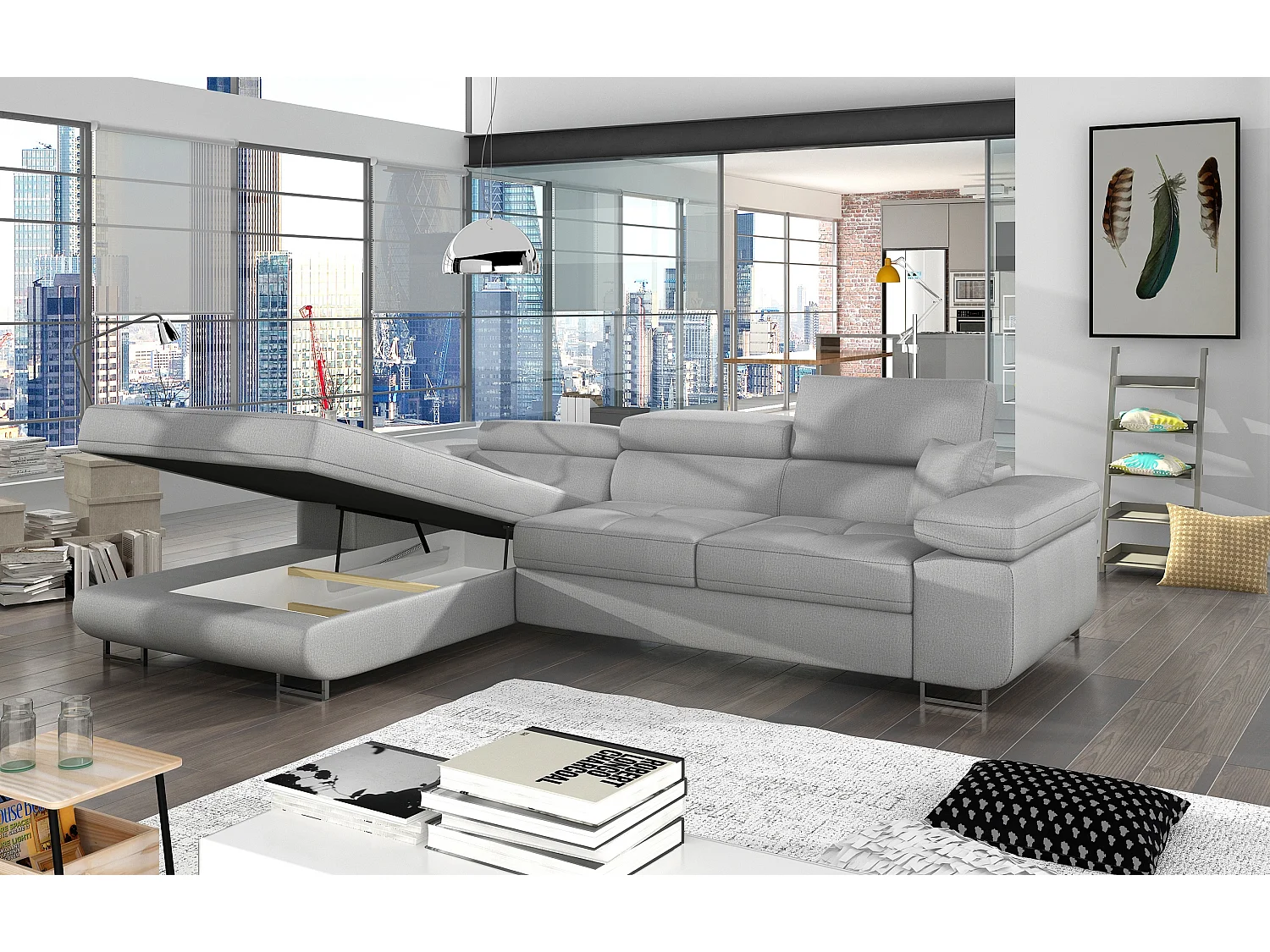 Canapé d'angle convertible velours appuis-tête réglables KALIZO - Coffre et pieds acier chromé-Gris foncé/Gris-angle droit