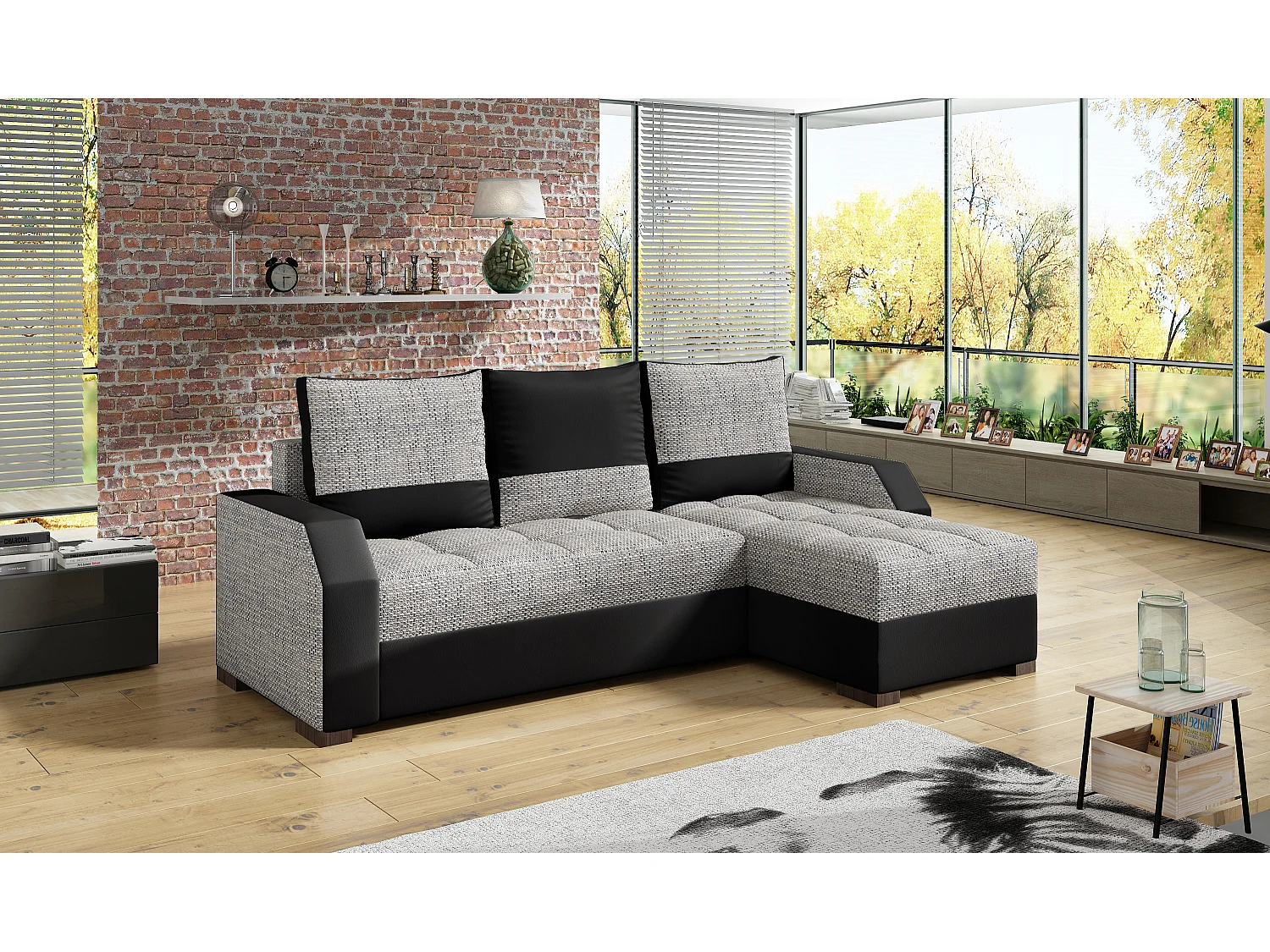 Canapé convertible angle réversible design tissu gris clair chiné et simili cuir noir Zarky 250cm