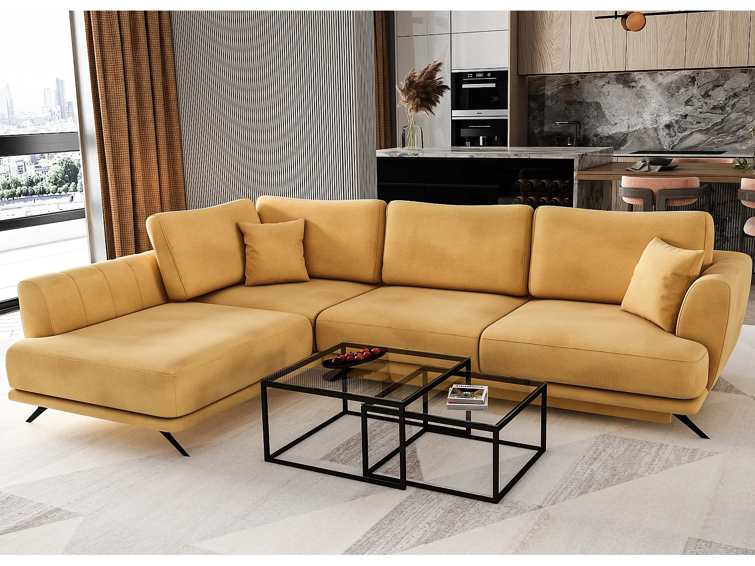 Canapé convertible angle gauche velours jaune Savary 280cm