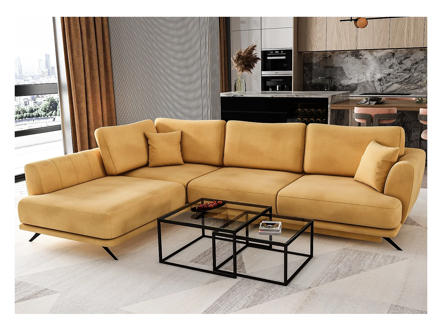 Canapé convertible angle gauche velours jaune Savary 280cm