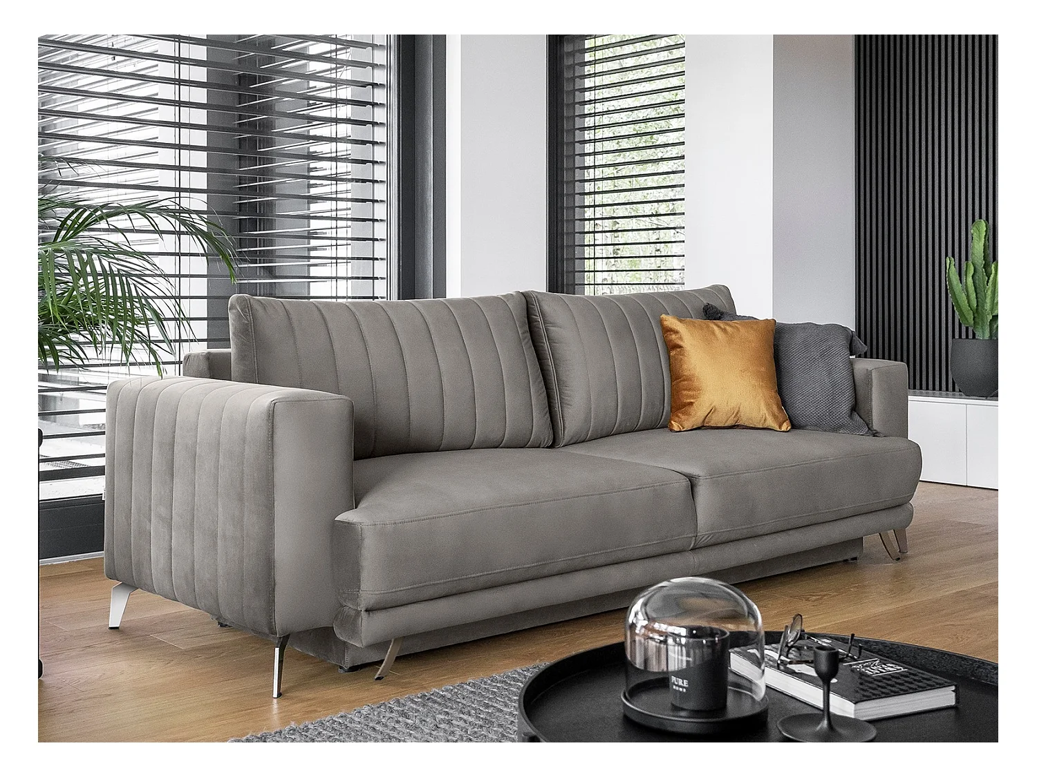 Canapé convertible design 3-4 places velours marron meuse et pieds acier chromé Eliza 250cm