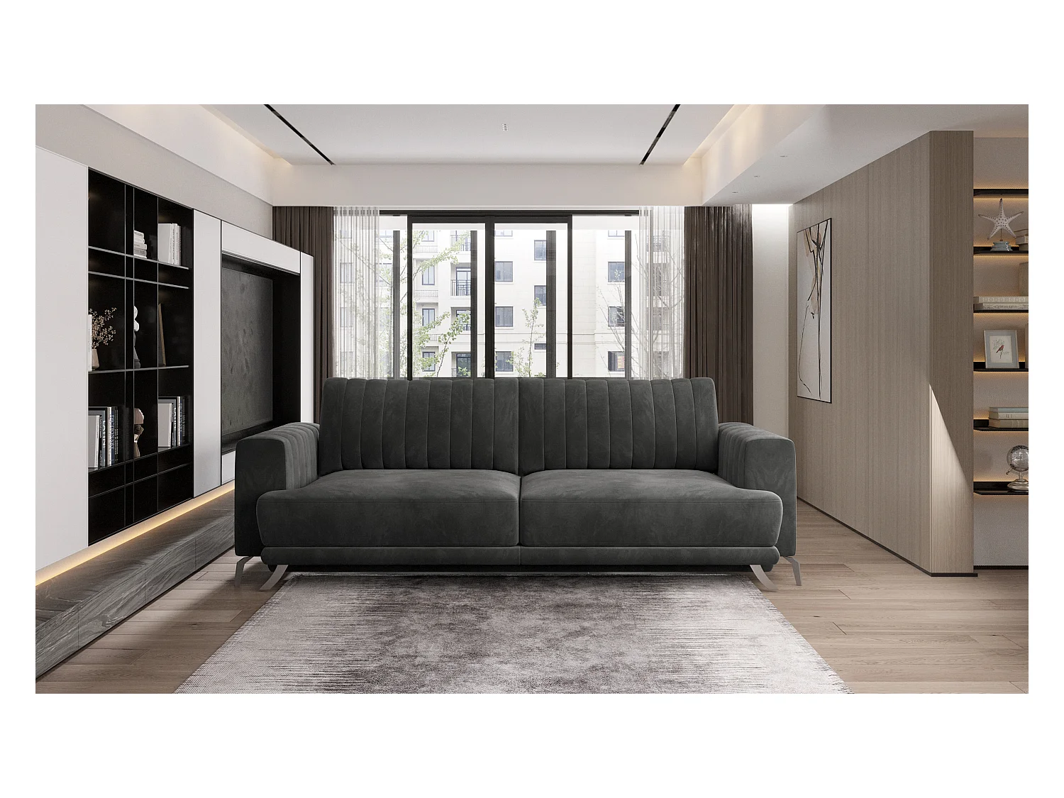 Canapé convertible design 3-4 places velours marron meuse et pieds acier chromé Eliza 250cm