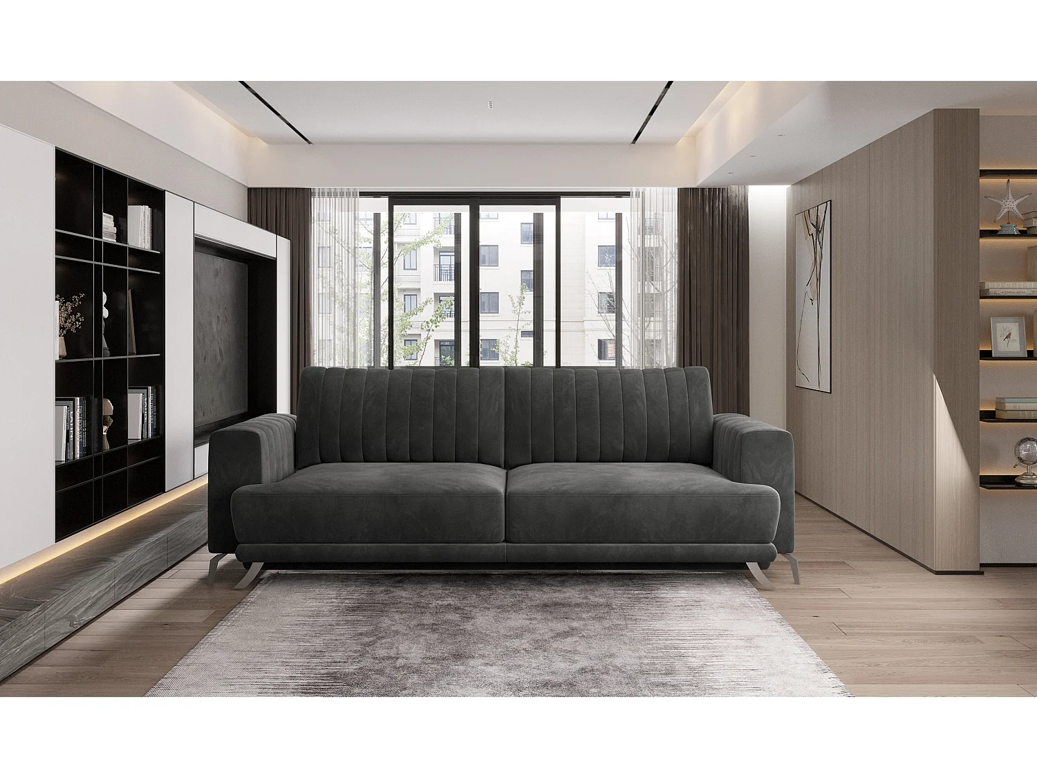 Canapé convertible design 3-4 places velours marron meuse et pieds acier chromé Eliza 250cm