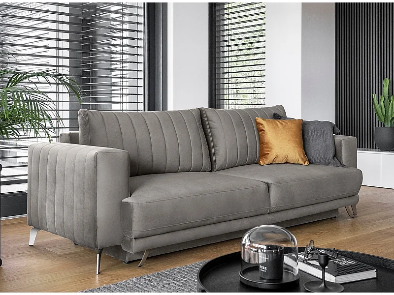 Designer 3/4-zits slaapbank in Meuse bruin fluweel en chroomstalen poten Eliza 250 cm