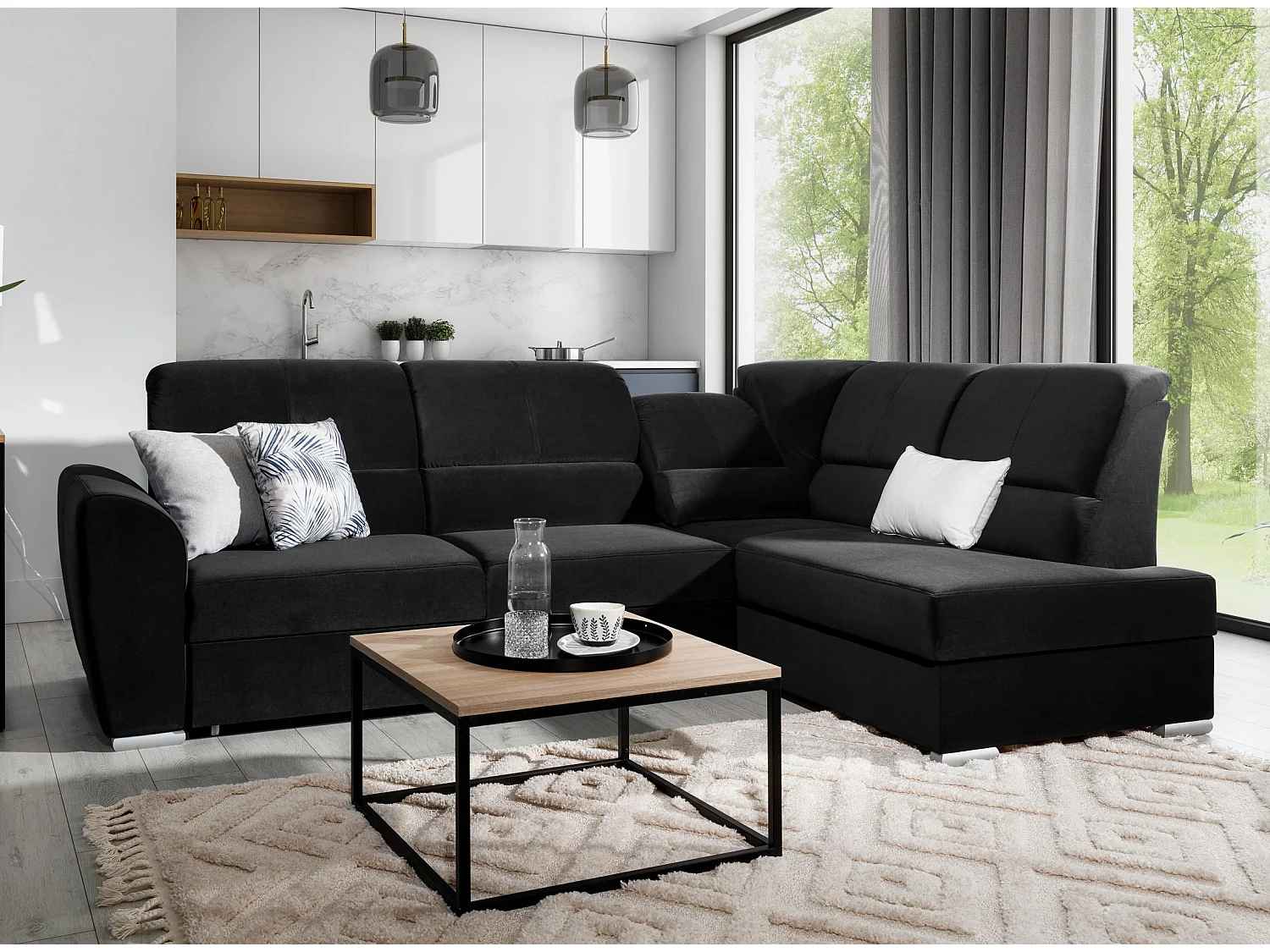 Canapé angle droit convertible velours noir et pieds acier chromé Zabor 270cm