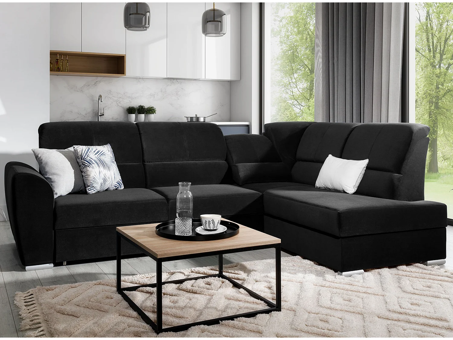 Canapé angle droit convertible velours noir et pieds acier chromé Zabor 270cm