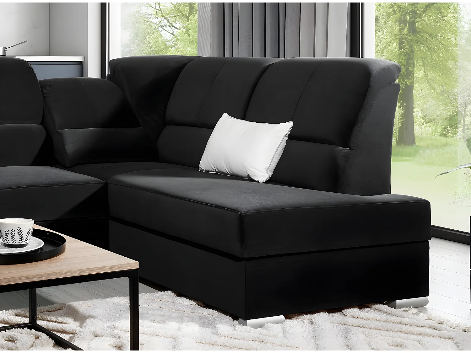 Canapé angle droit convertible velours noir et pieds acier chromé Zabor 270cm