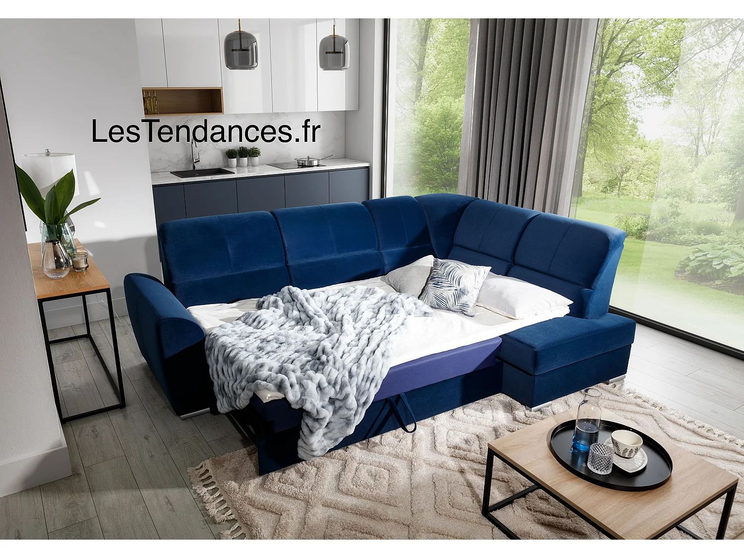 Canapé angle droit convertible velours noir et pieds acier chromé Zabor 270cm