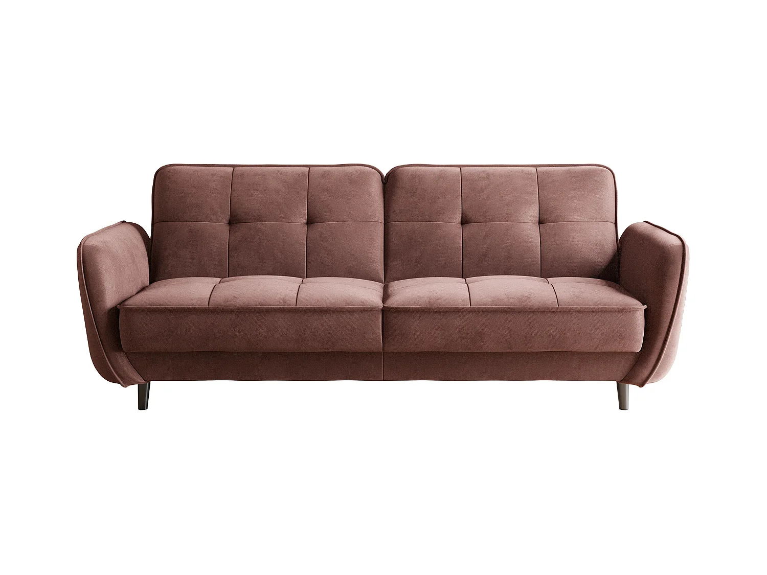 Canapé convertible 3 places tissu rouille capitonné et pieds bois noir Bizza 220cm