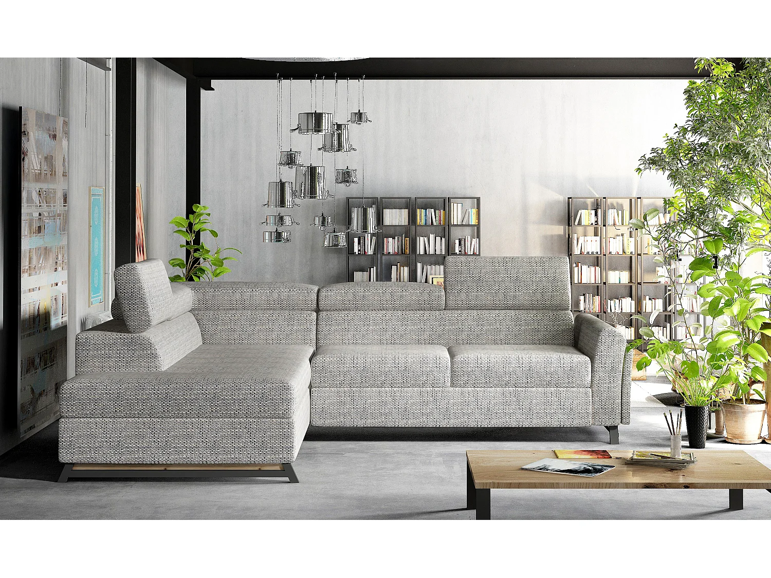 Canapé angle gauche convertible tissu gris clair chiné avec têtières réglables Nikos 265cm