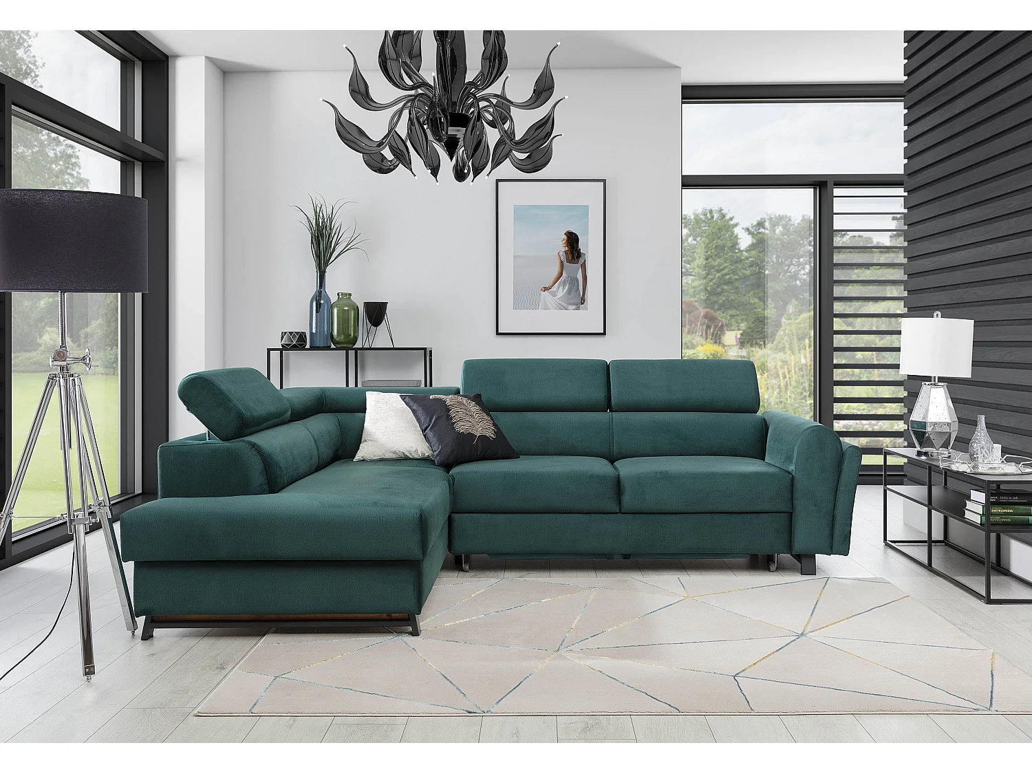 Canapé angle gauche convertible tissu gris clair chiné avec têtières réglables Nikos 265cm