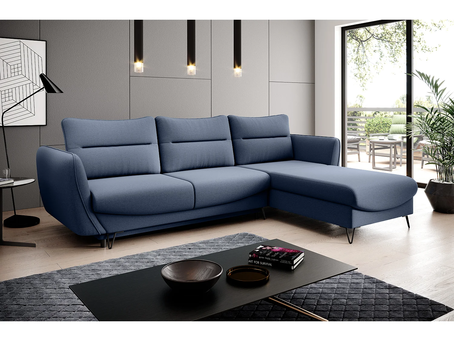 Canapé d'angle droit convertible tissu bleu clair Zurik 276cm