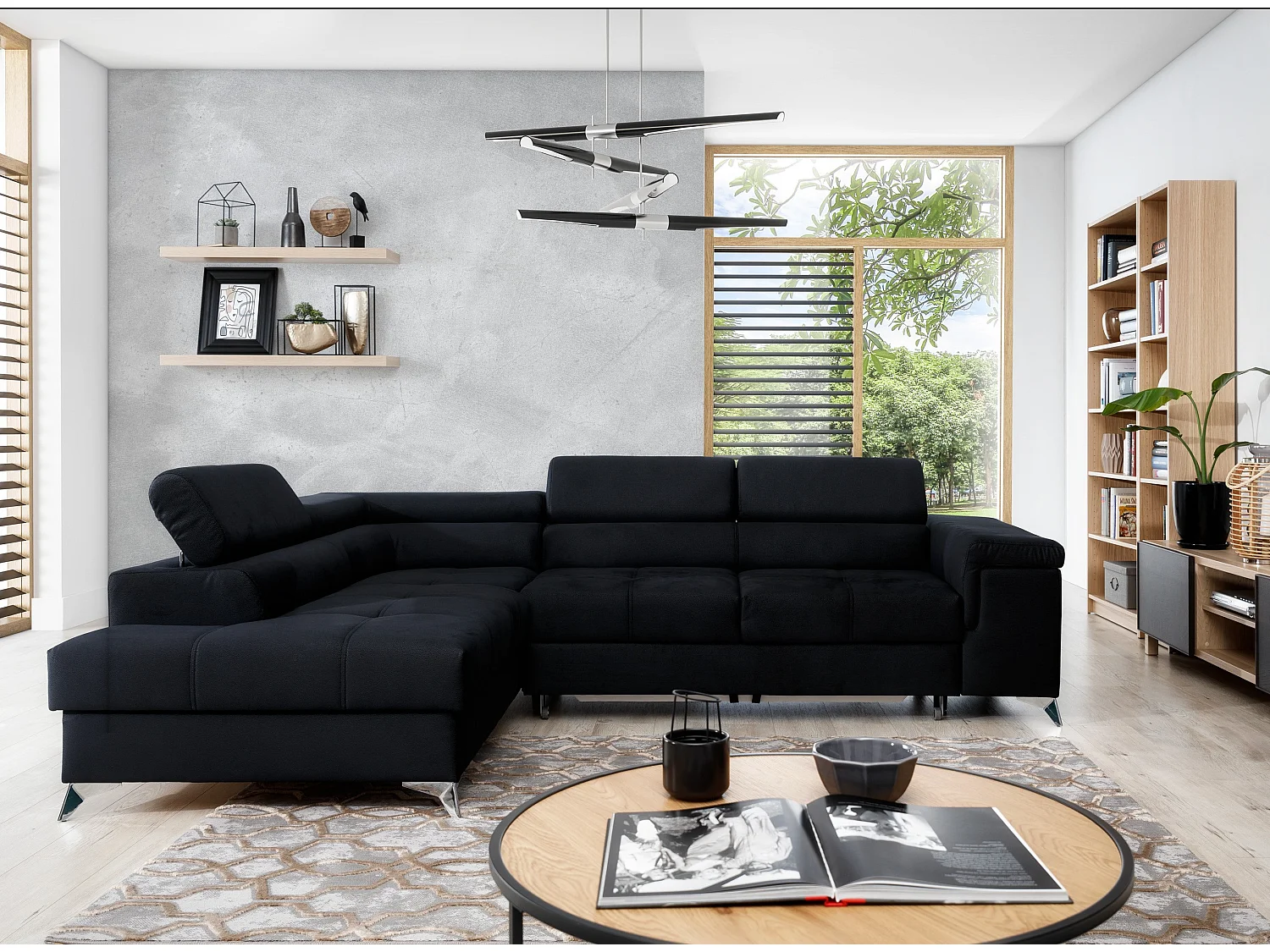 Canapé d'angle gauche convertible tissu noir Marido 275cm