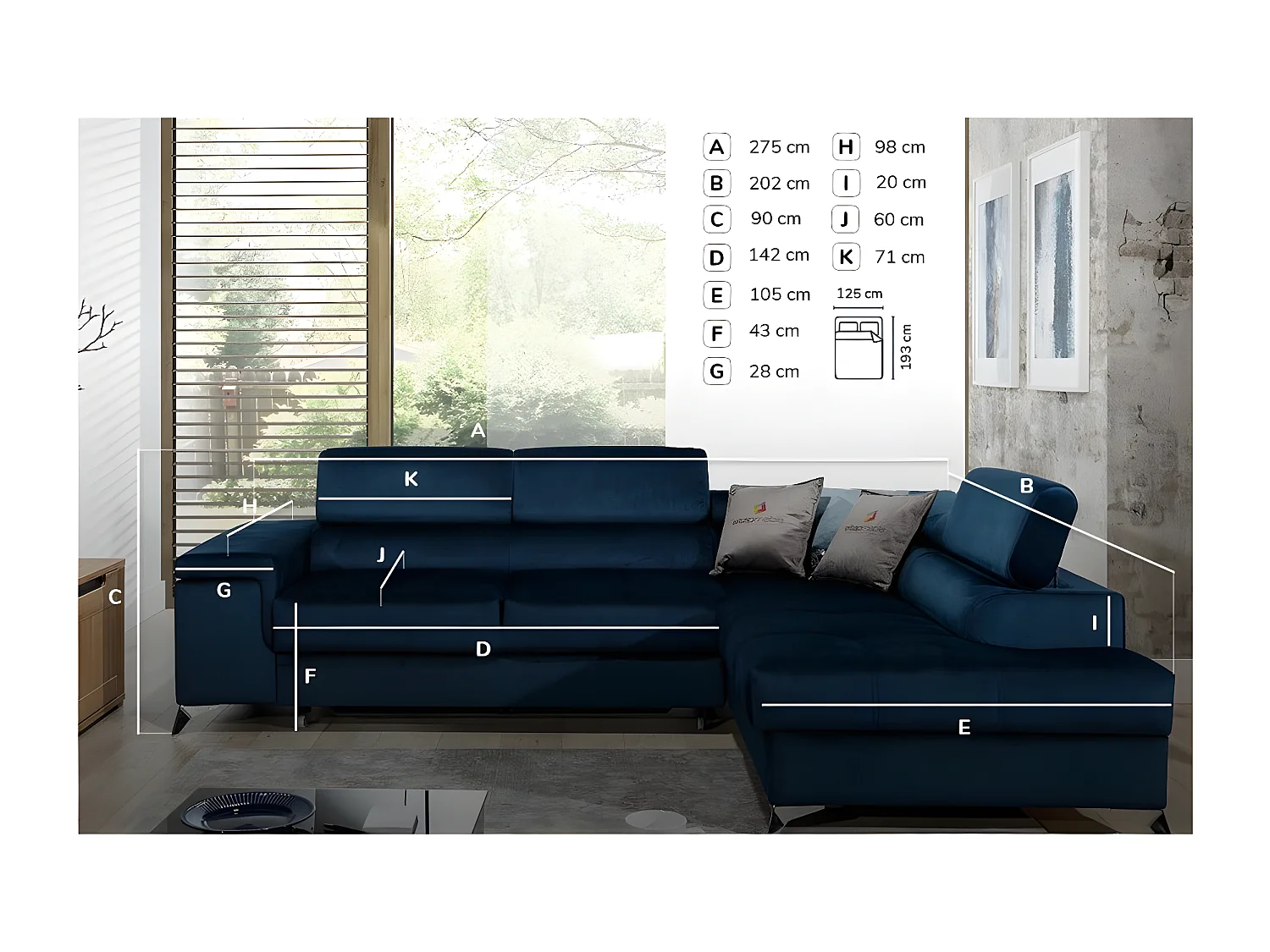 Canapé d'angle gauche convertible tissu noir Marido 275cm