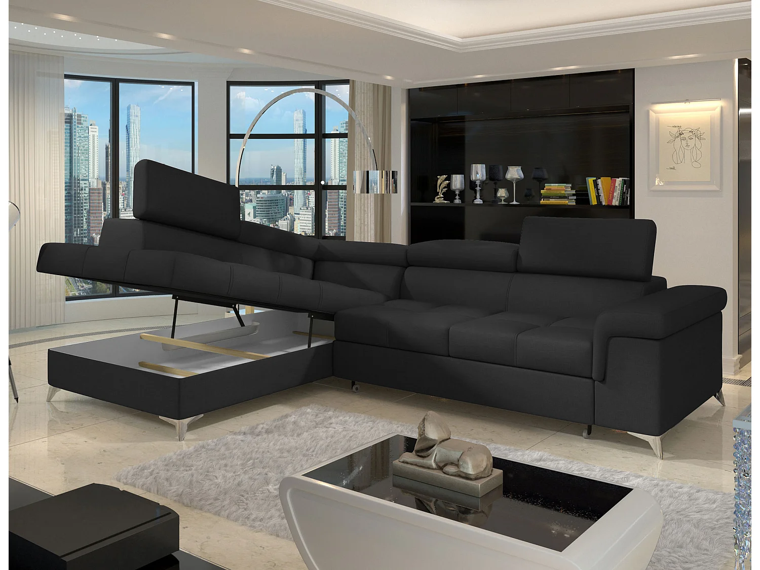 Canapé d'angle convertible tissu MARIDO - Coffre et appuis-tête réglables-Noir-angle gauche