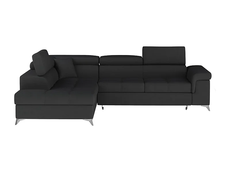 Canapé d'angle convertible tissu MARIDO - Coffre et appuis-tête réglables-Noir-angle gauche