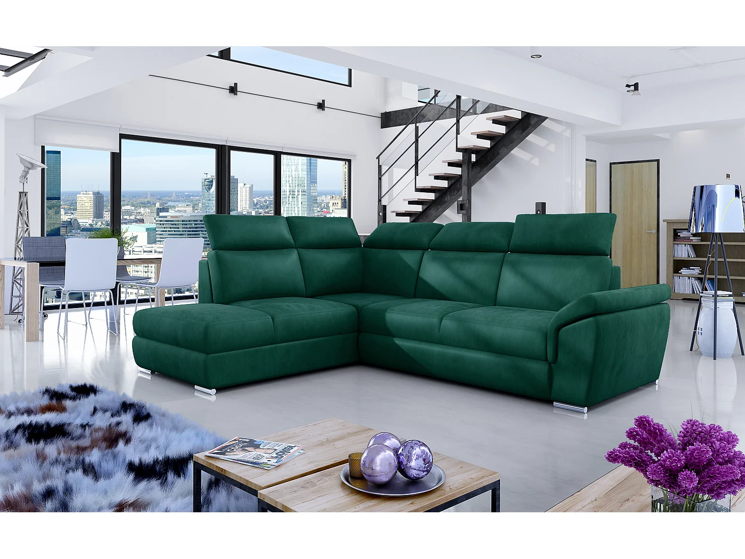 Canapé angle gauche convertible velours vert foncé avec appuis-tête réglables Kepita 260cm