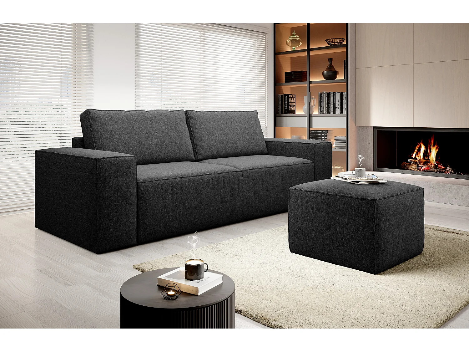 Canapé convertible 4 places tissu noir Willace 260cm
