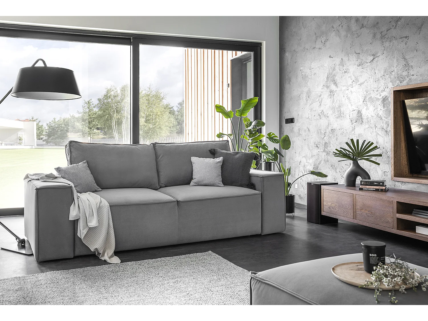 Canapé convertible 4 places tissu noir Willace 260cm