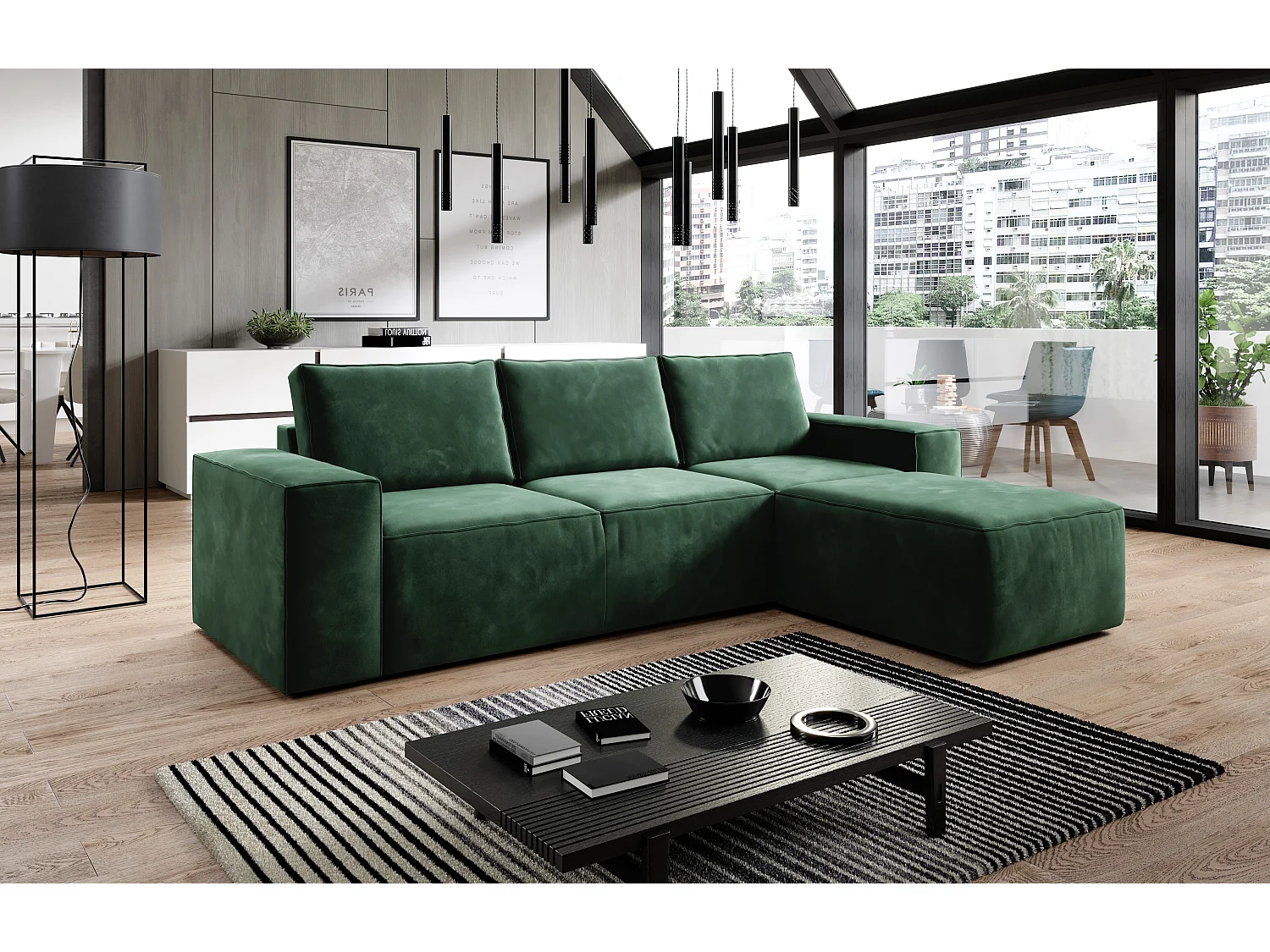 Canapé d'angle droit convertible moderne velours vert anglais Willace 302cm