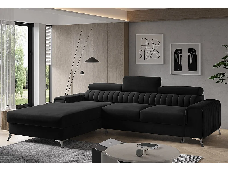 Canapé convertible angle gauche velours noir Grenky 276cm