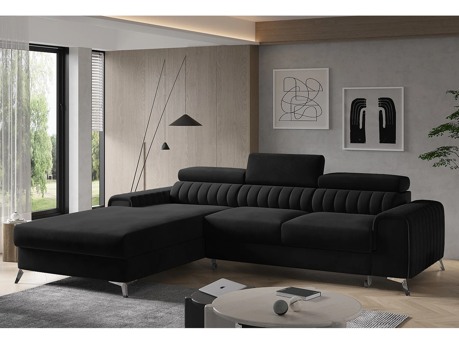 Canapé convertible angle gauche velours noir Grenky 276cm