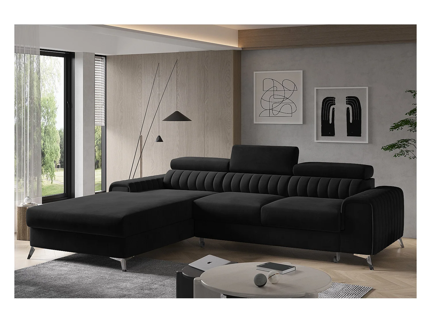 Canapé convertible angle gauche velours noir Grenky 276cm