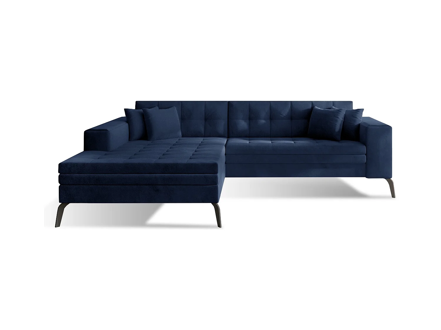 Canapé convertible capitonné angle gauche velours bleu marine et pieds métal noir Lazor 295cm