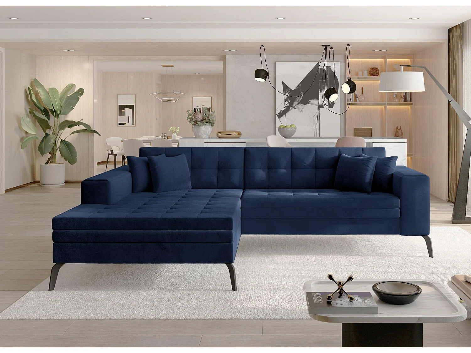 Canapé convertible capitonné angle gauche velours bleu marine et pieds métal noir Lazor 295cm