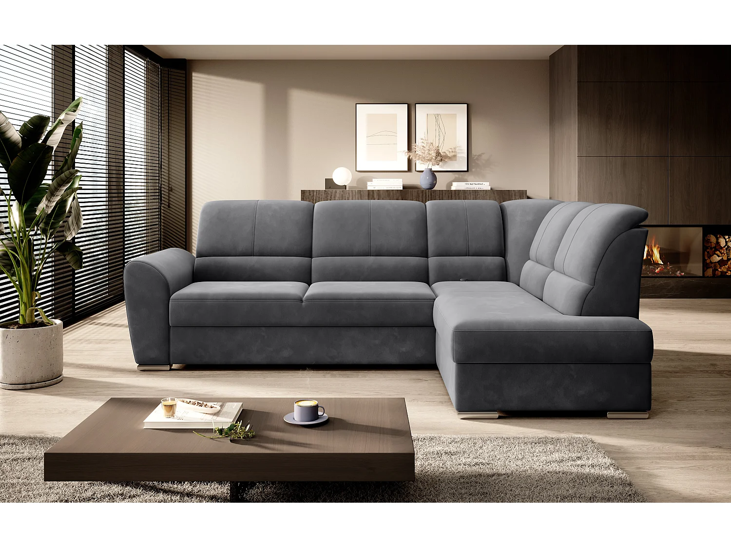 Canapé angle droit convertible velours gris foncé et pieds acier chromé Zabor 270cm