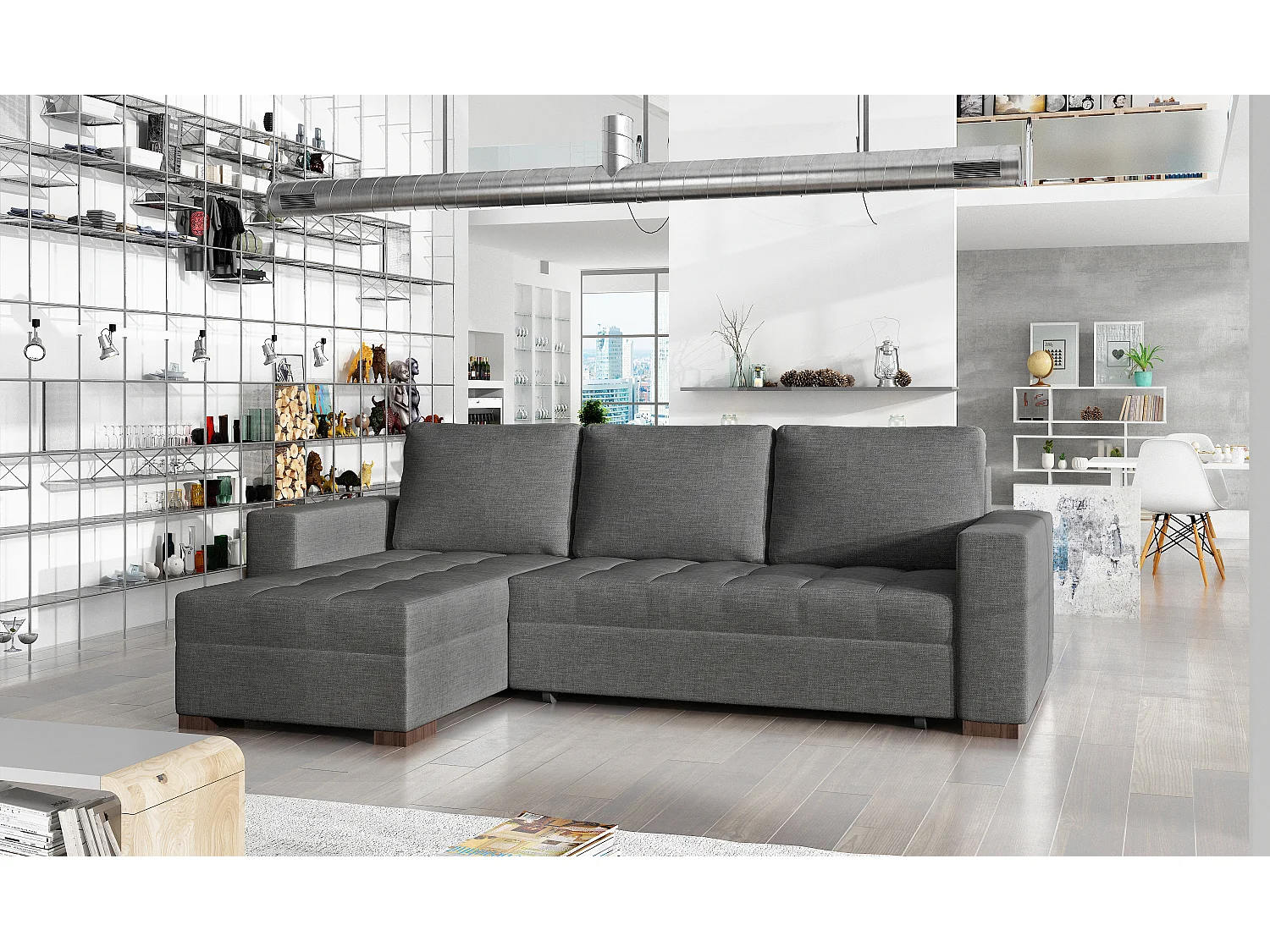 Converteerbare en omkeerbare hoekbank donkergrijze stof Zelly 237 cm