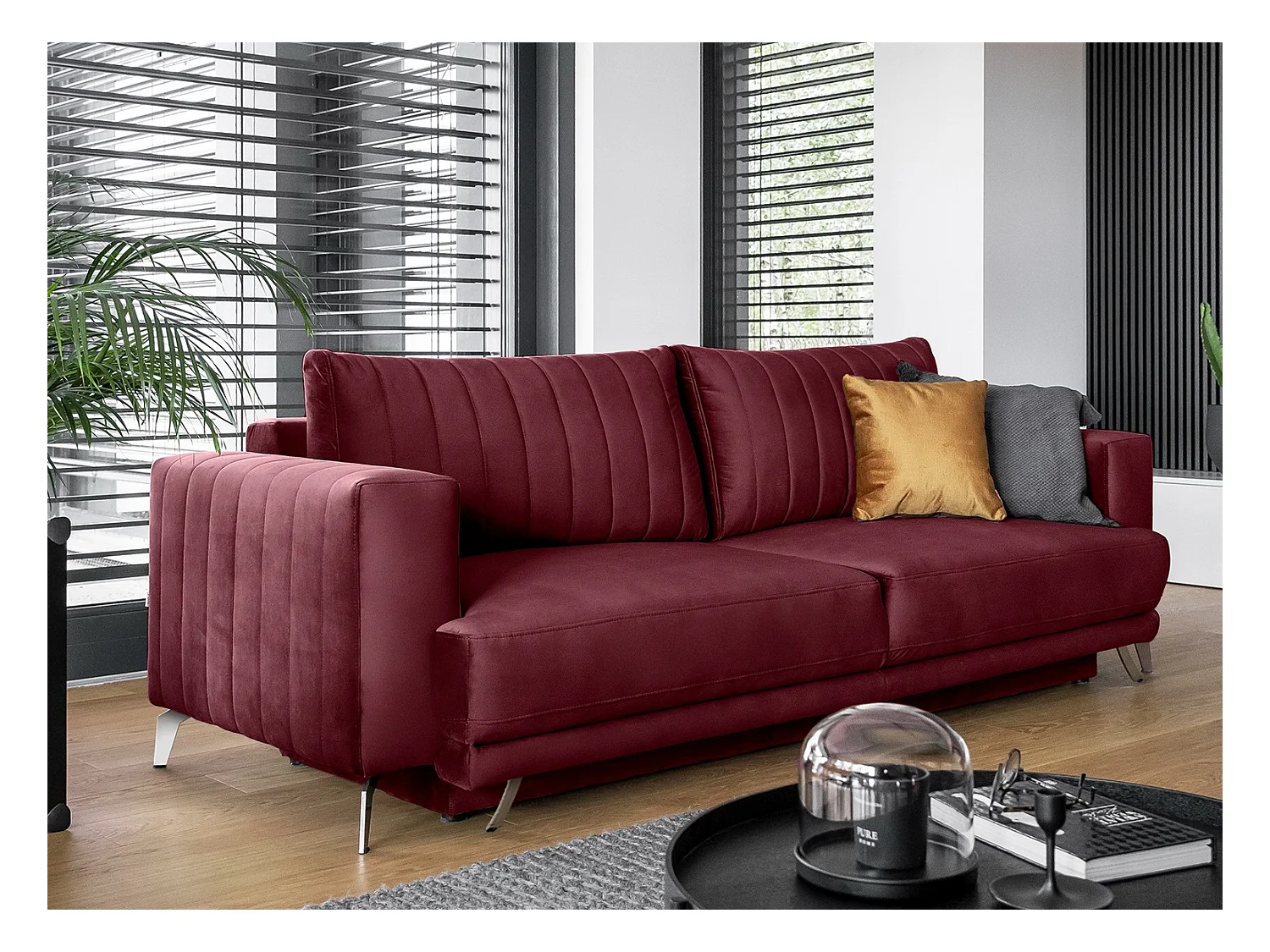 Canapé convertible design 3-4 places velours bordeaux et pieds acier chromé Eliza 250cm