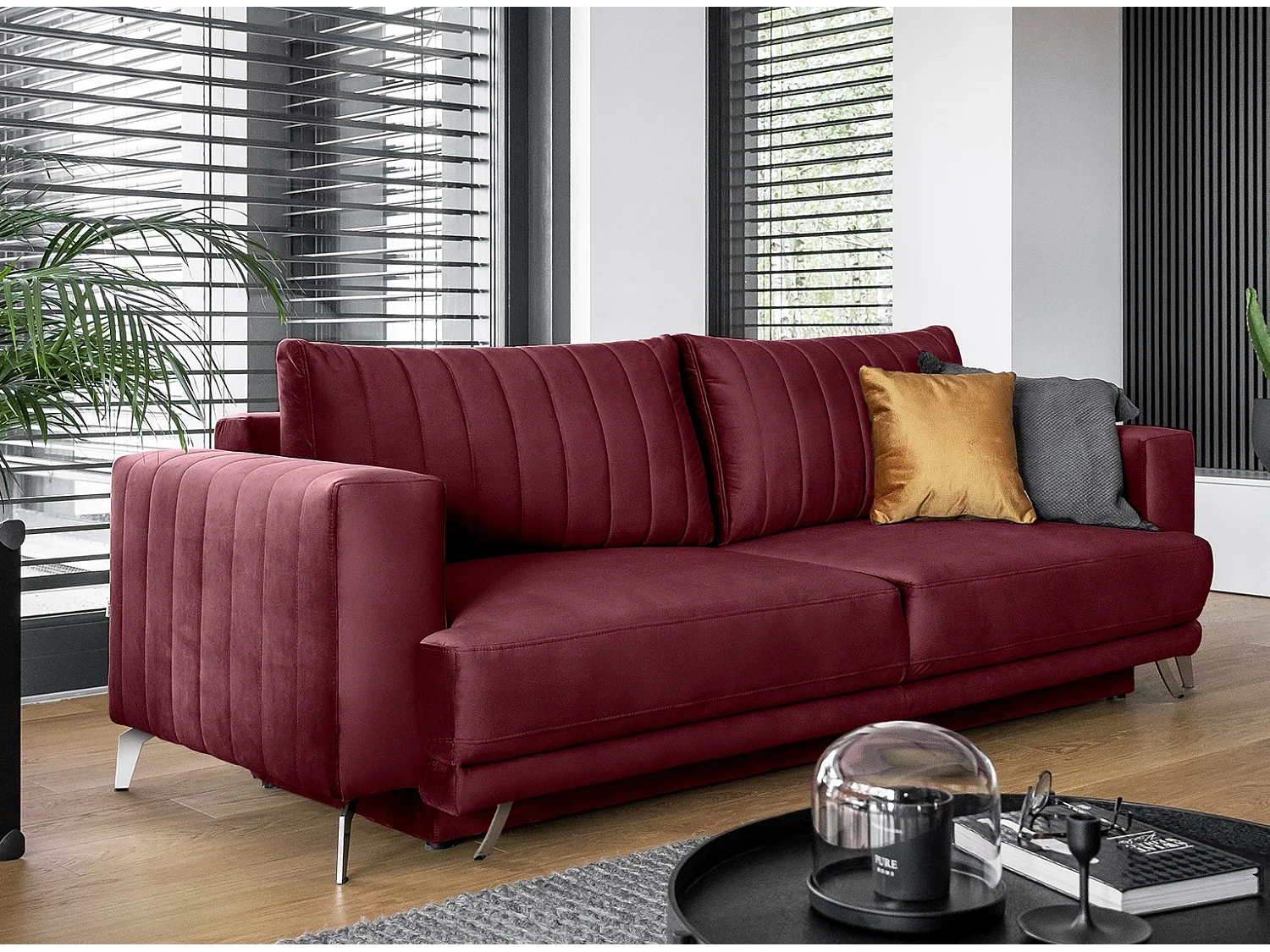 Canapé convertible design 3-4 places velours bordeaux et pieds acier chromé Eliza 250cm