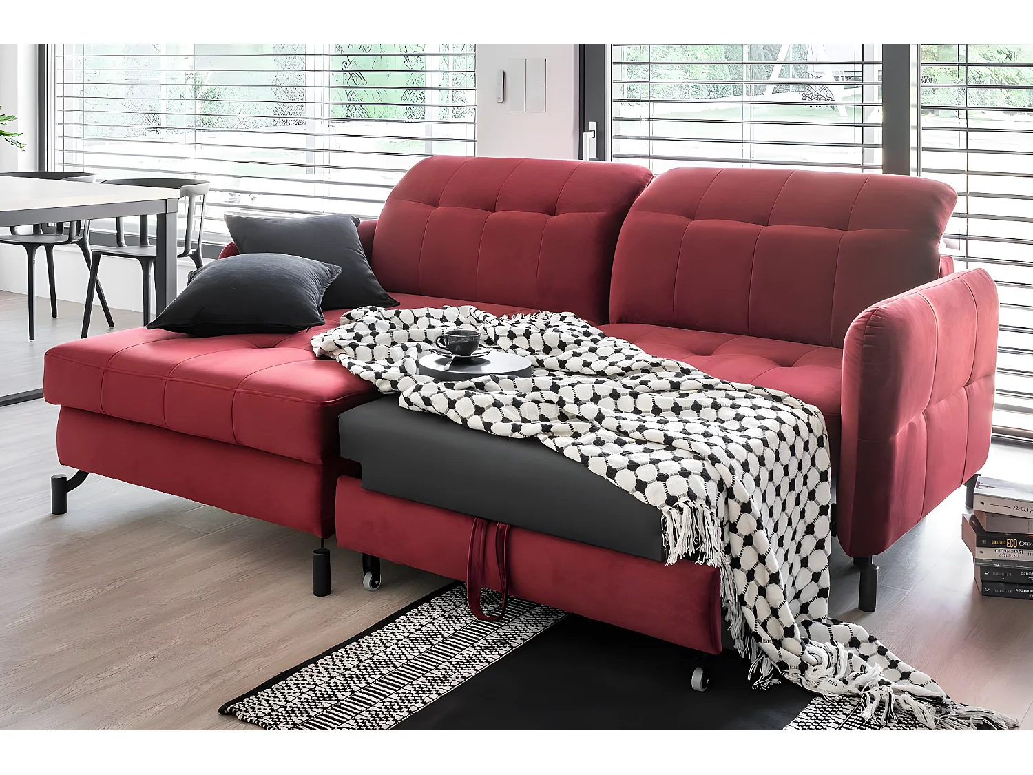 Links rechts slaapbank met verstelbare hoofdsteunen Lory blauw gewatteerd fluweel 225 cm