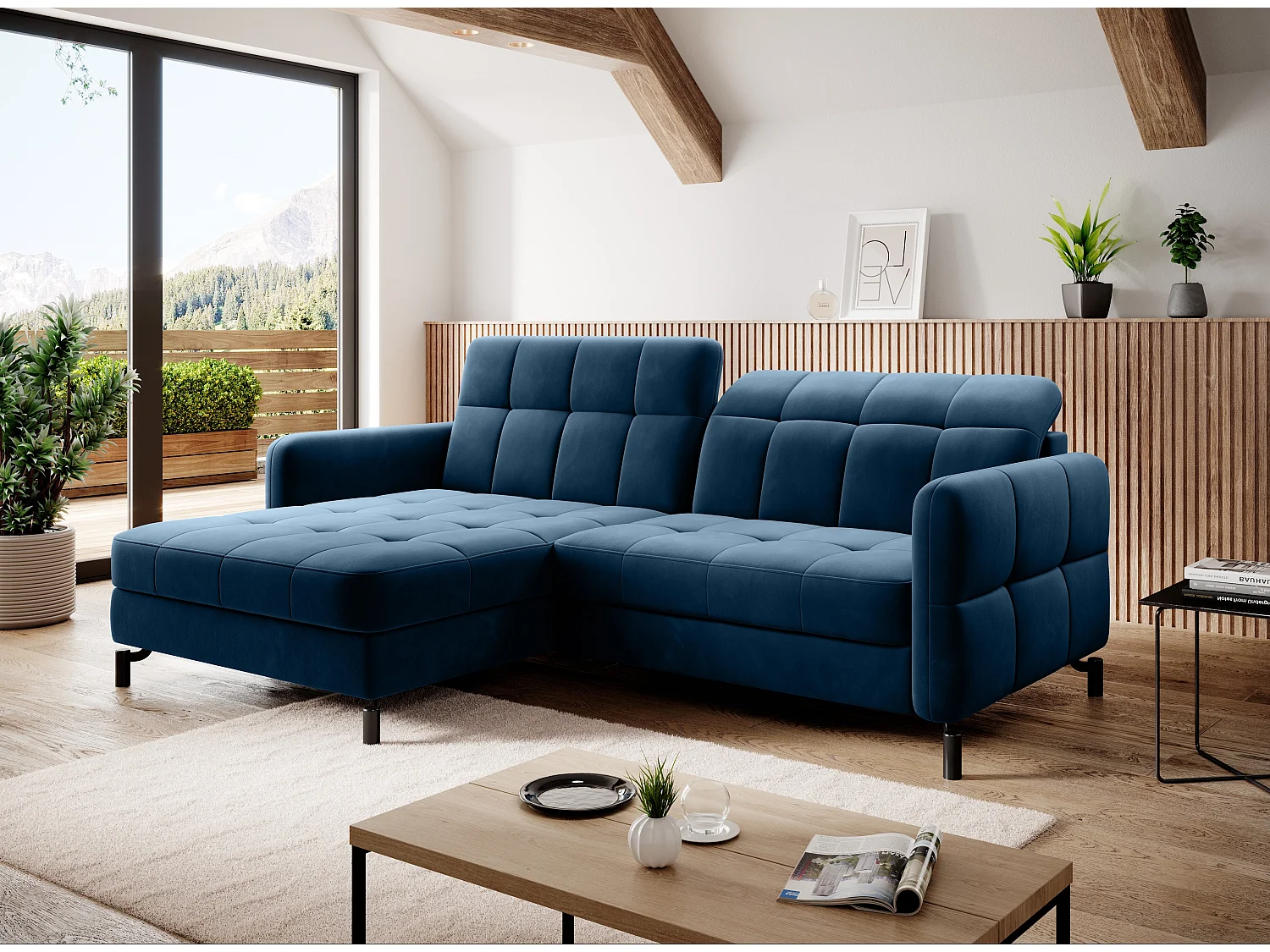 Canapé convertible gauche droit avec têtières réglables velours matelassé bleu Lory 225cm