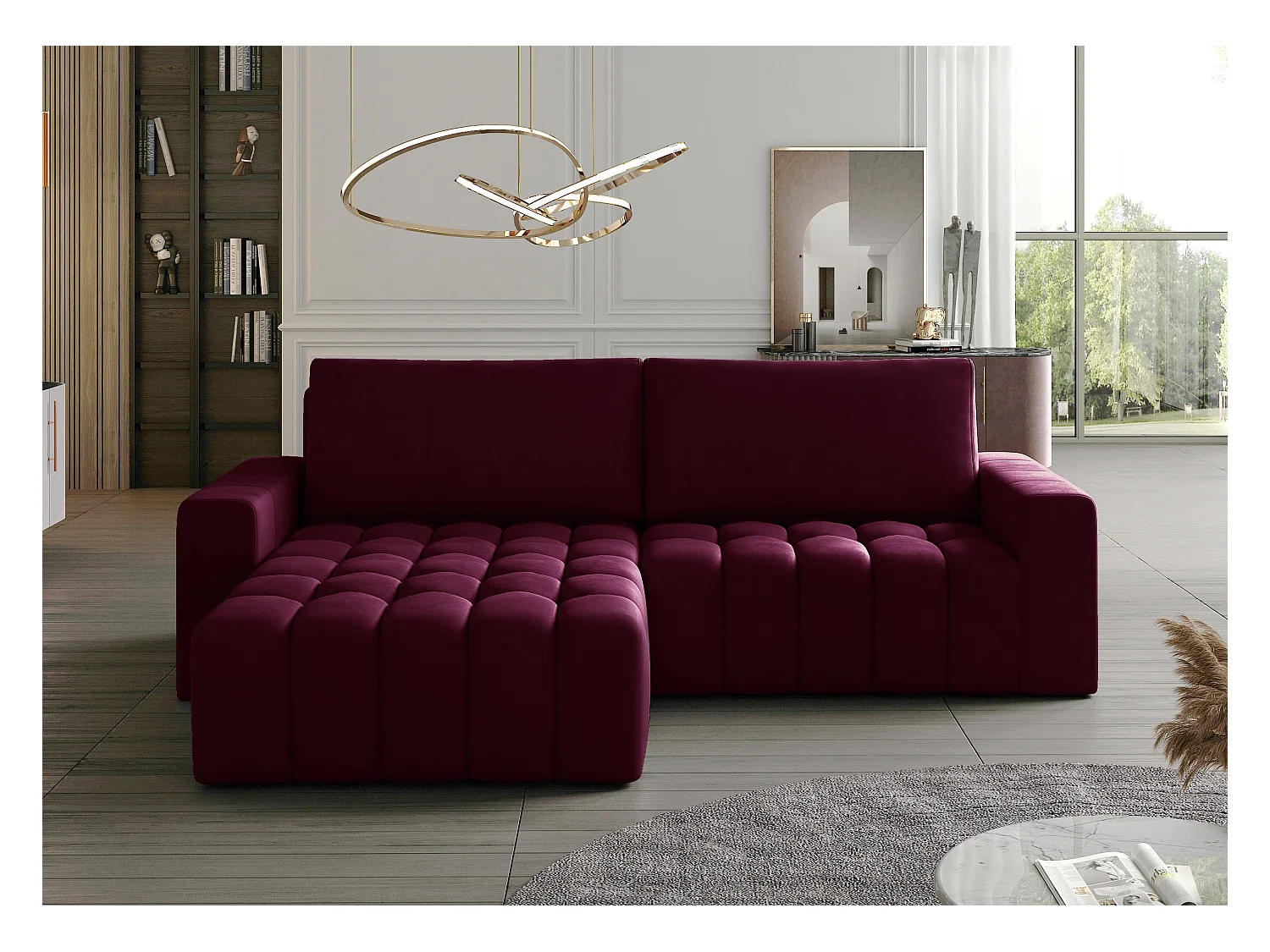 Canapé convertible design velours matelassé bordeaux angle gauche Bozen 250cm