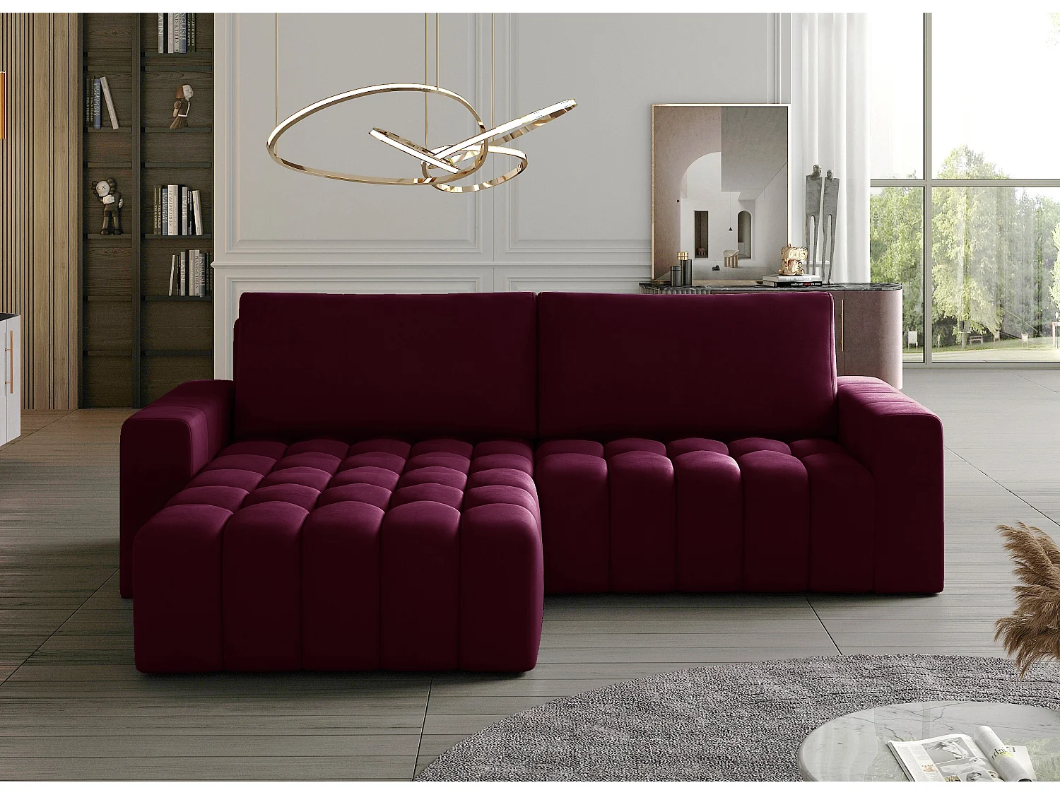 Canapé d’angle velours capitonné BOZEN – Convertible et rangement-Bordeaux-angle gauche