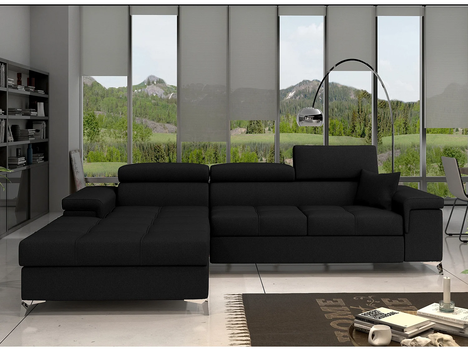 Canapé angle gauche convertible tissu noir avec appuis-tête réglables Rikaro 280cm