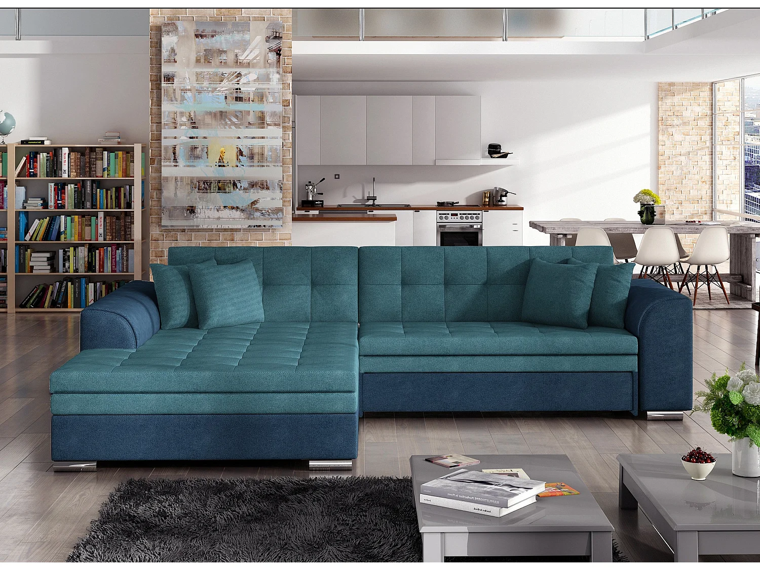 Canapé d'angle gauche convertible 4 places tissu bleu foncé et bleu turquoise Looka 295cm