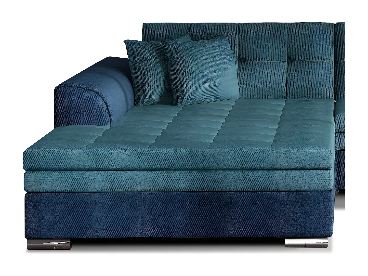 Canapé d'angle gauche convertible 4 places tissu bleu foncé et bleu turquoise Looka 295cm
