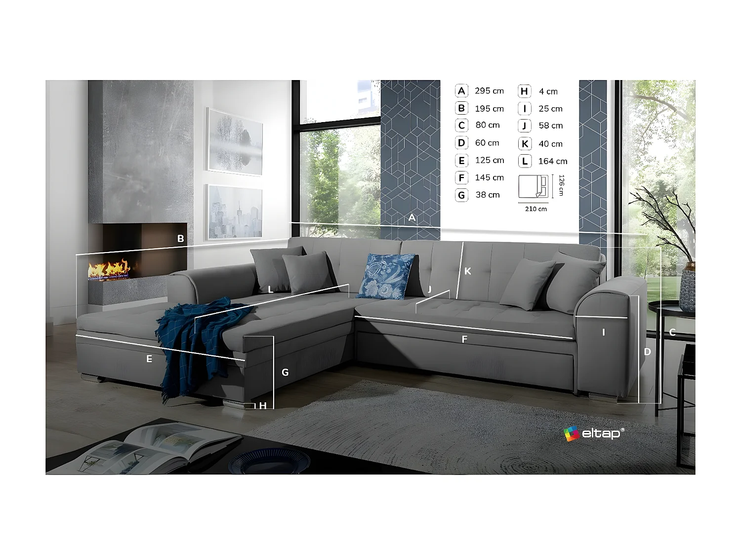 Canapé d'angle gauche convertible 4 places tissu bleu foncé et bleu turquoise Looka 295cm