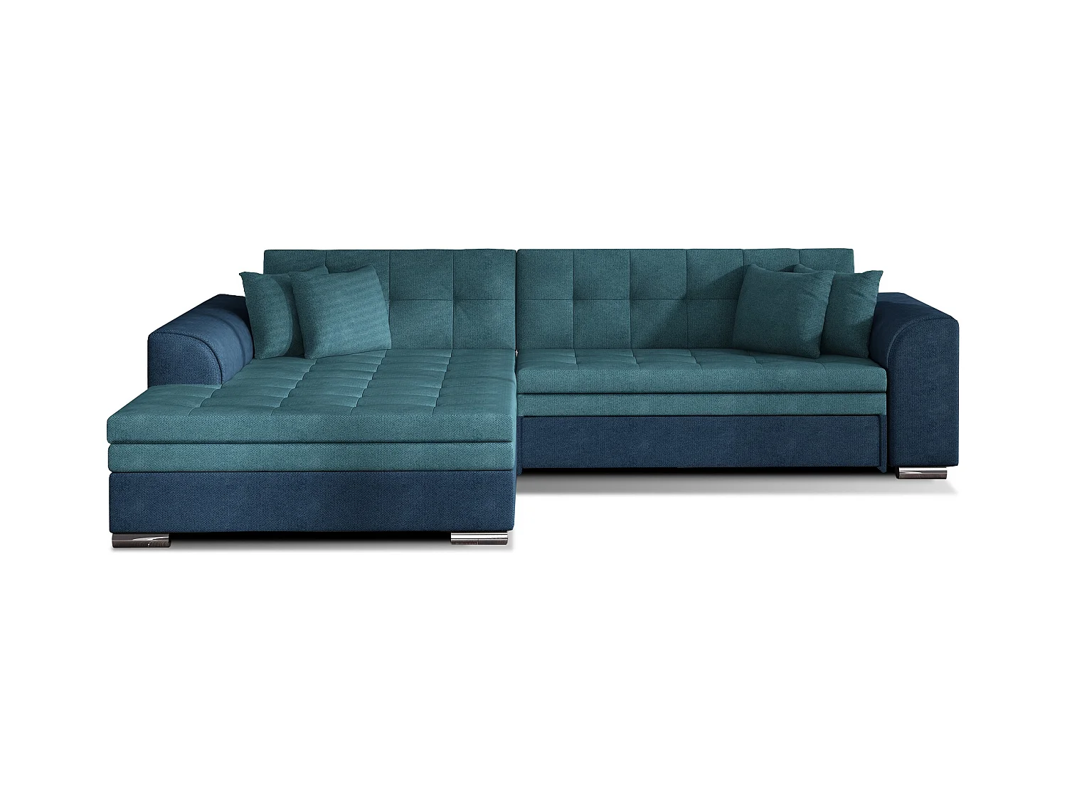 Canapé d'angle gauche convertible 4 places tissu bleu foncé et bleu turquoise Looka 295cm