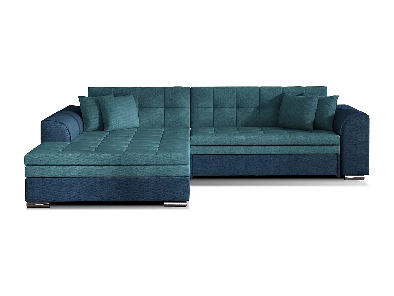 Canapé d'angle gauche convertible 4 places tissu bleu foncé et bleu turquoise Looka 295cm
