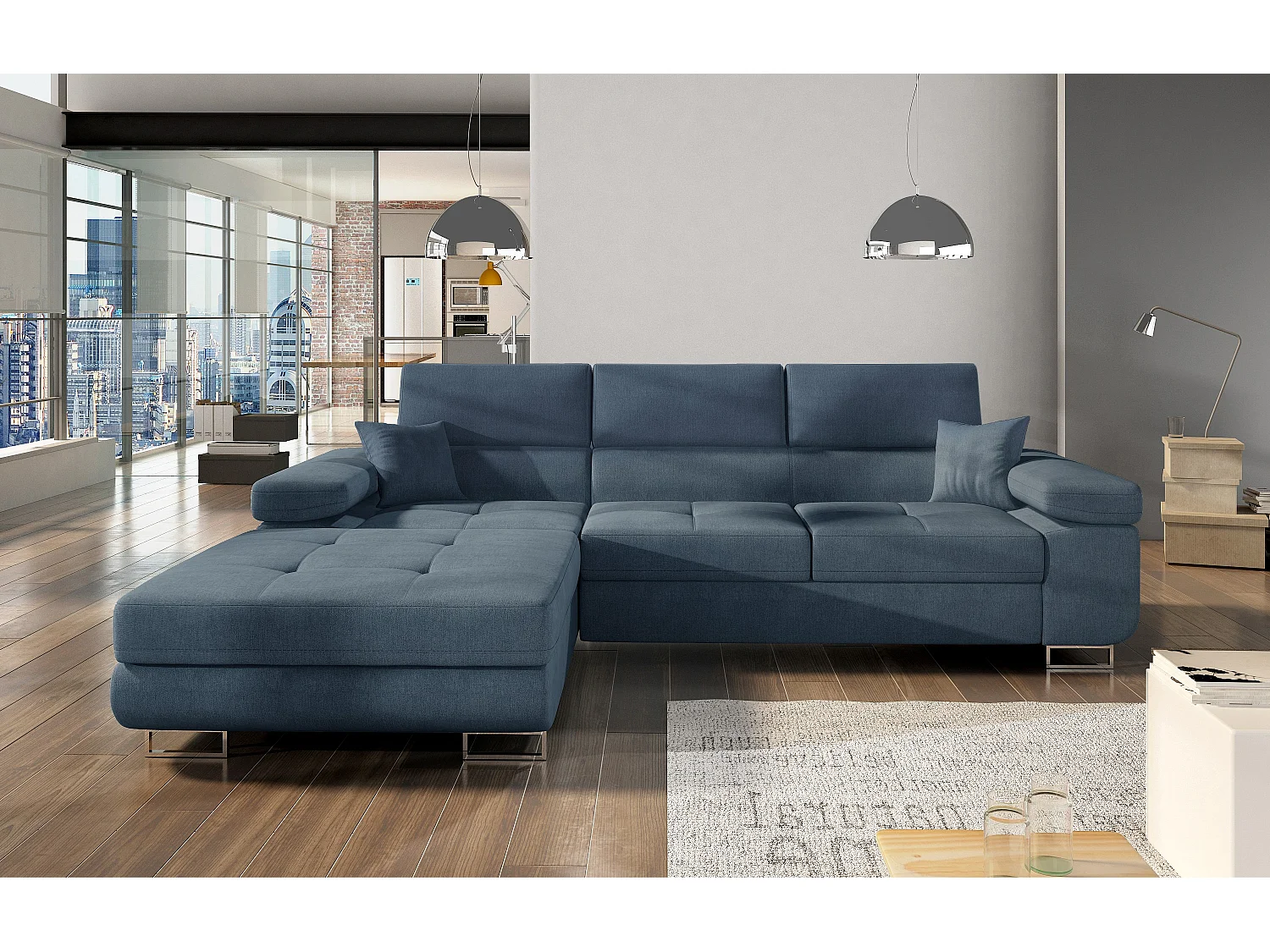 Canapé convertible d'angle gauche tissu bleu minéral avec rangement Wile 280cm