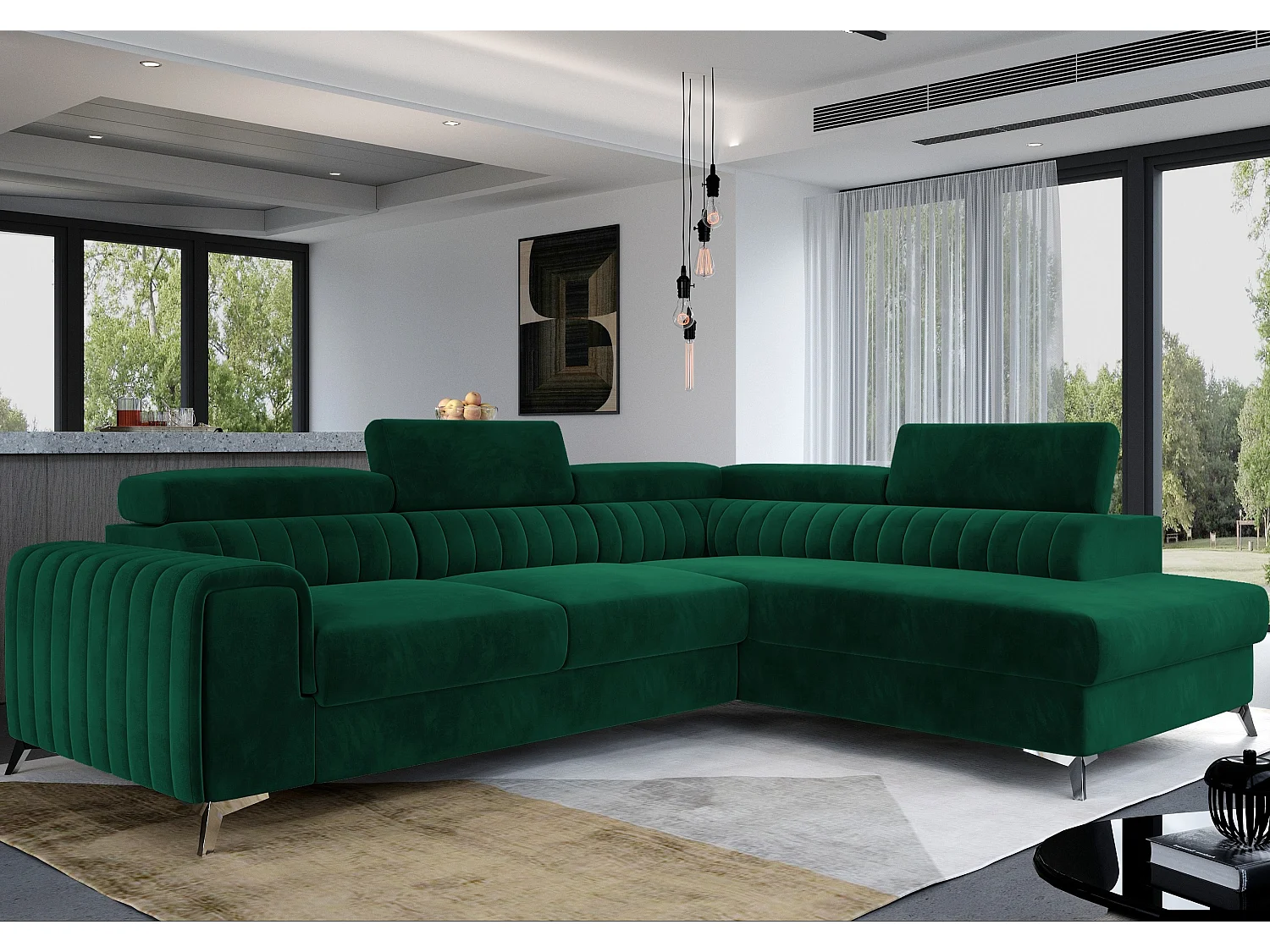 Canapé angle droit convertible avec appuis-tête réglables velours vert foncé Lozan 275cm