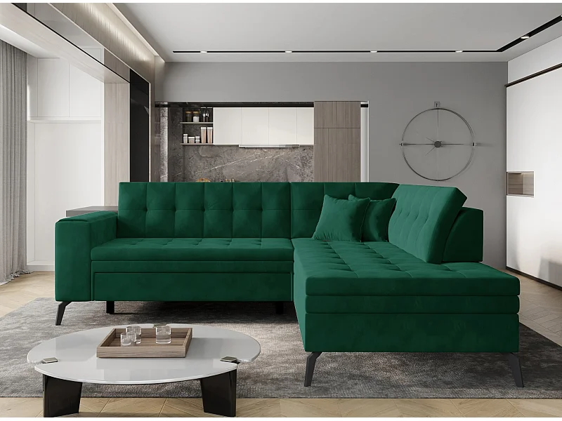 Canapé convertible capitonné angle droit tissu vert épinard Larry 260cm